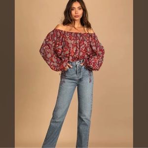 NWT Free People Sundown Red Paisley Off Shoulder Women’s Bodysuit Large reg $95